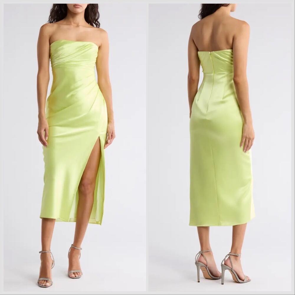 cinq a sept Strapless Lime Green Satin Midi Dress